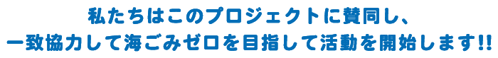 私たちはこのプロジェクトに賛同し、一致協力して海ごみゼロを目指して活動を開始します！！